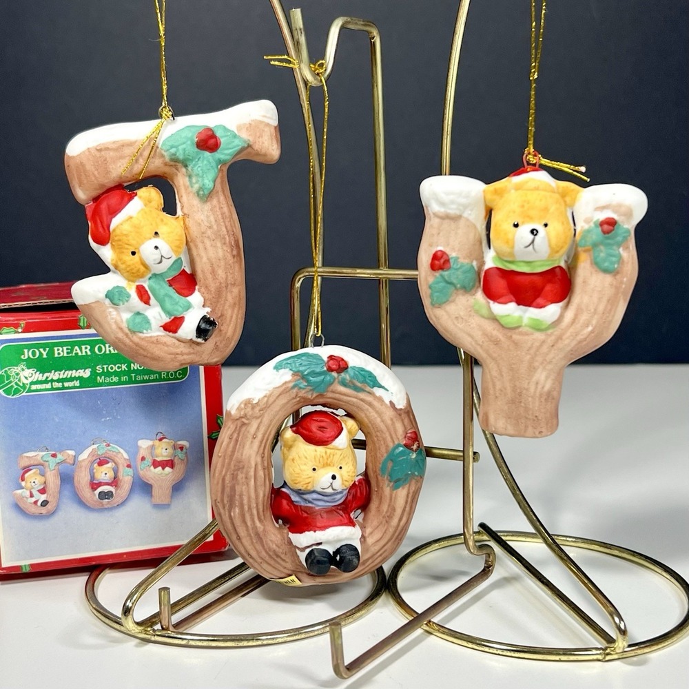 VTG Christmas Around The World JOY Teddy‎ Bears Letter Ornaments Set of 3 w/Box